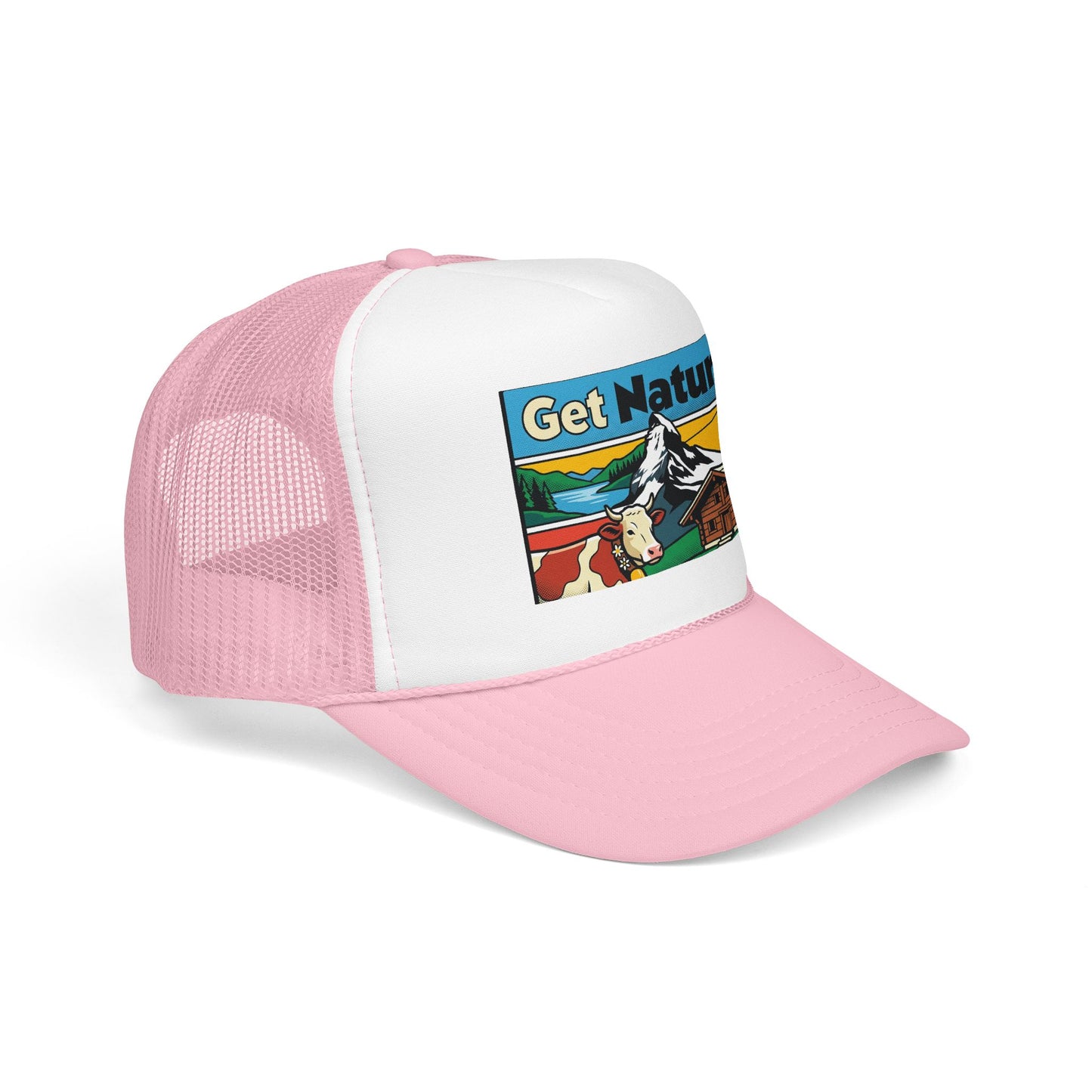 Light pink and white trucker hat with front logo patch and curved brim, mesh back