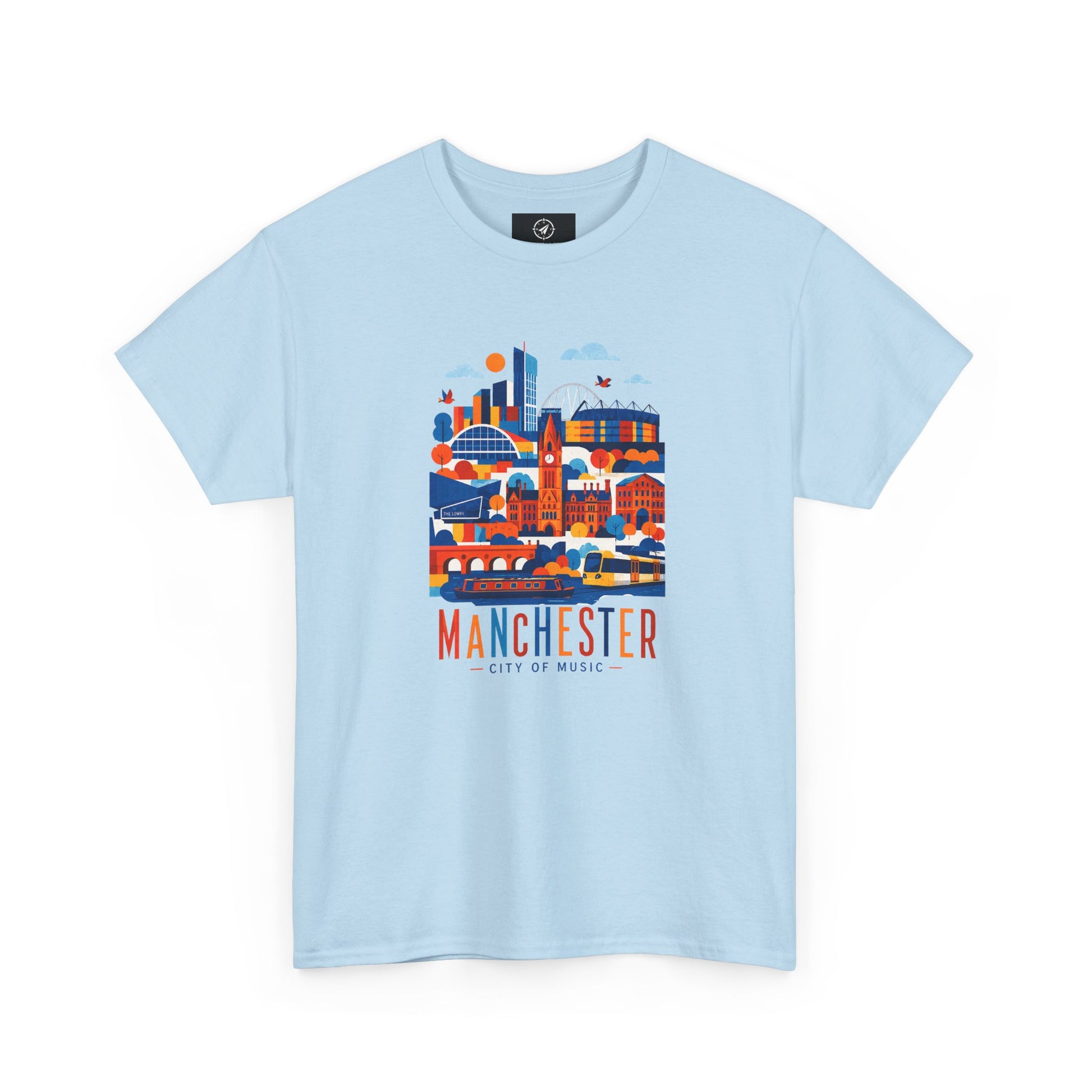 Light blue short-sleeve crewneck T-shirt with Manchester skyline graphic on front