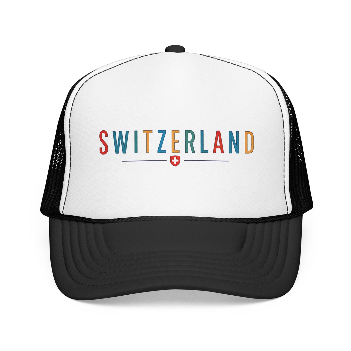 Foam trucker cap with Switzerland logo, white front and black mesh back