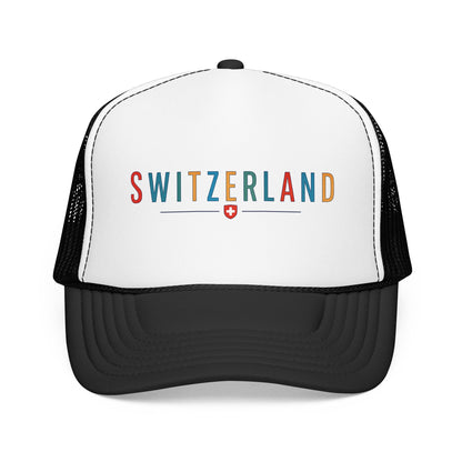 Foam trucker cap with Switzerland logo, white front and black mesh back