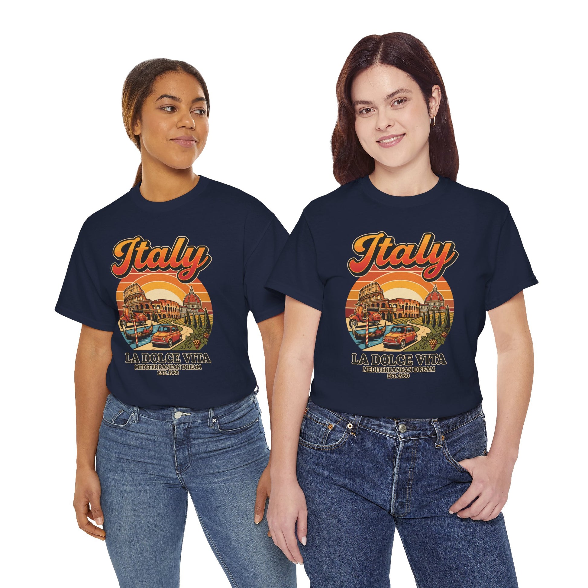 Dark navy crewneck t-shirt with colorful Italy “La Dolce Vita” graphic front print