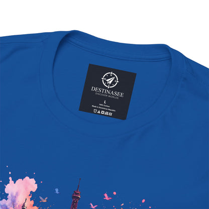 Royal blue T-shirt closeup: crew neck label and floral Eiffel graphic edge