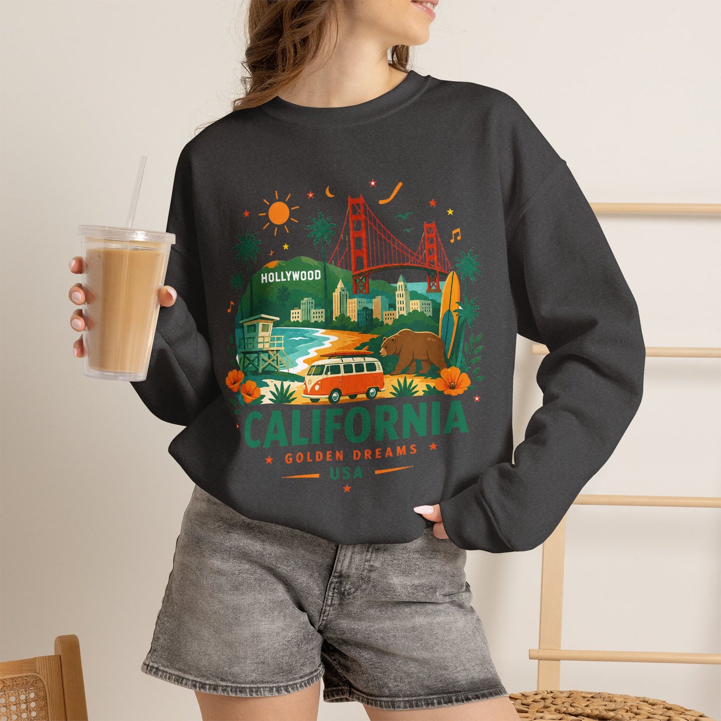 Dark gray crewneck sweatshirt with California graphic front, worn with denim shorts
