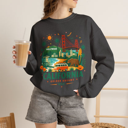 Dark gray crewneck sweatshirt with California graphic front, worn with denim shorts