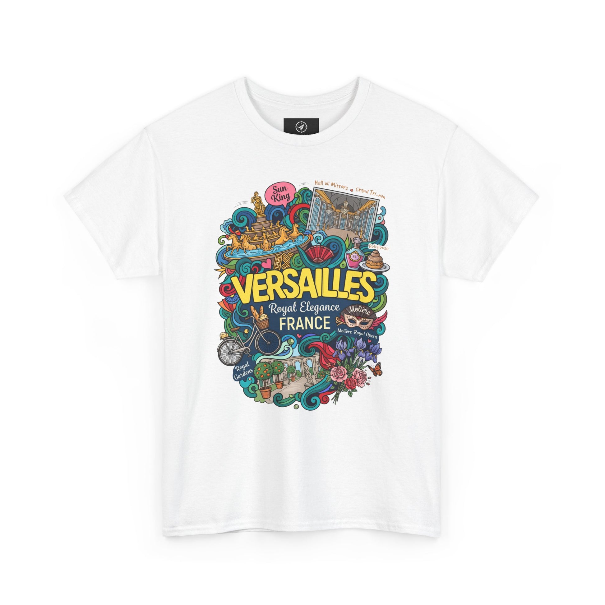 White crewneck T-shirt with colorful Versailles-themed front illustration.
