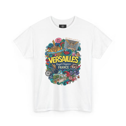 White crewneck T-shirt with colorful Versailles-themed front illustration.