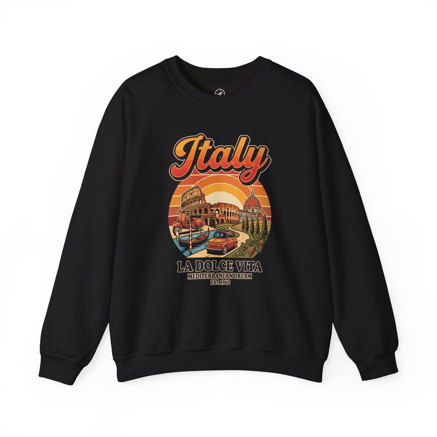 Black crewneck sweatshirt with front “Italy La Dolce Vita” graphic print