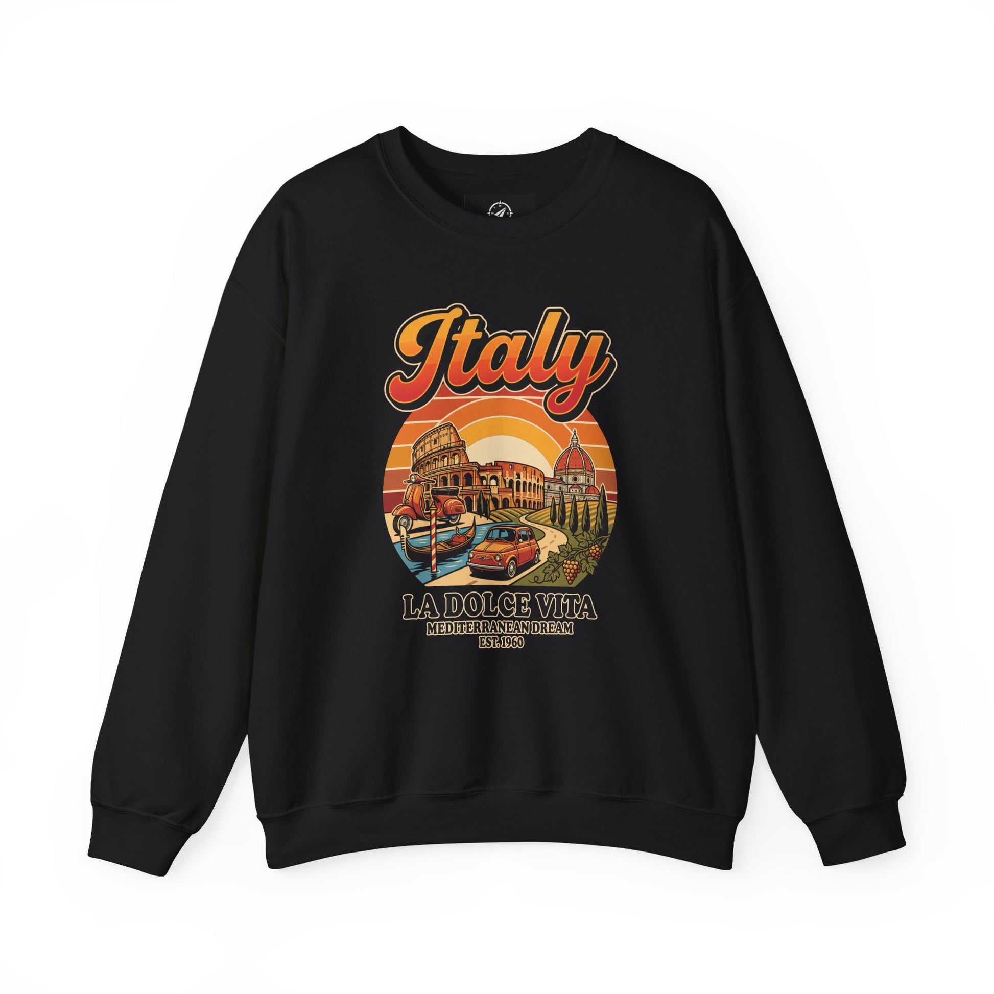 Black crewneck sweatshirt with front “Italy La Dolce Vita” graphic print