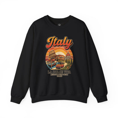 Black crewneck sweatshirt with front “Italy La Dolce Vita” graphic print