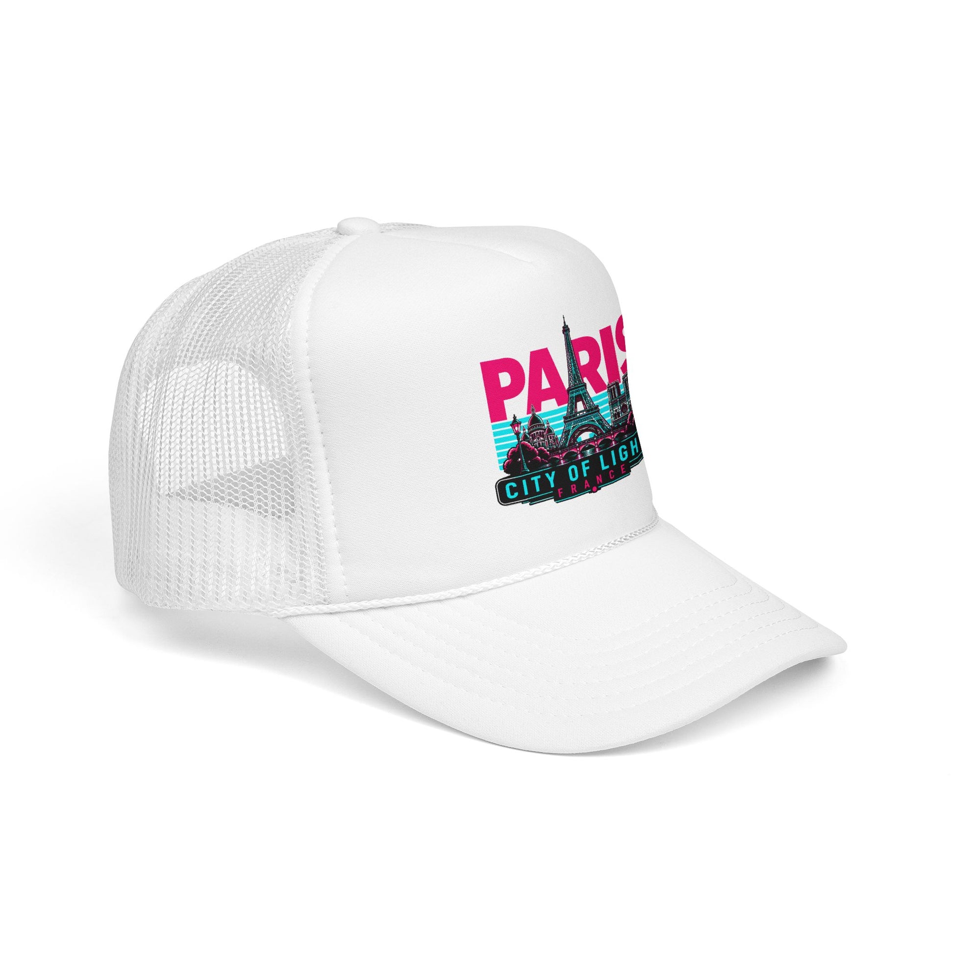 All-white trucker hat with Paris graphic on the front panel and mesh side panels