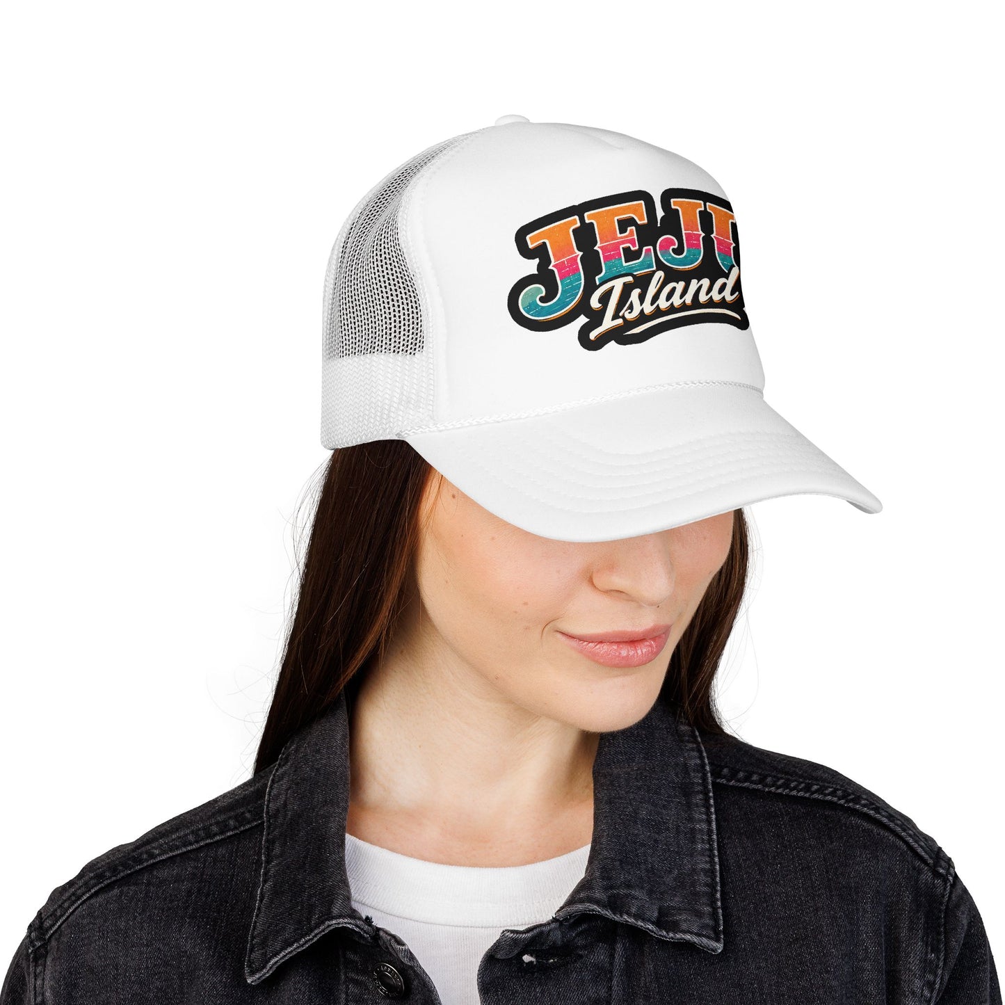 Foam trucker hat, white and white mesh with Jeju Island logo on model