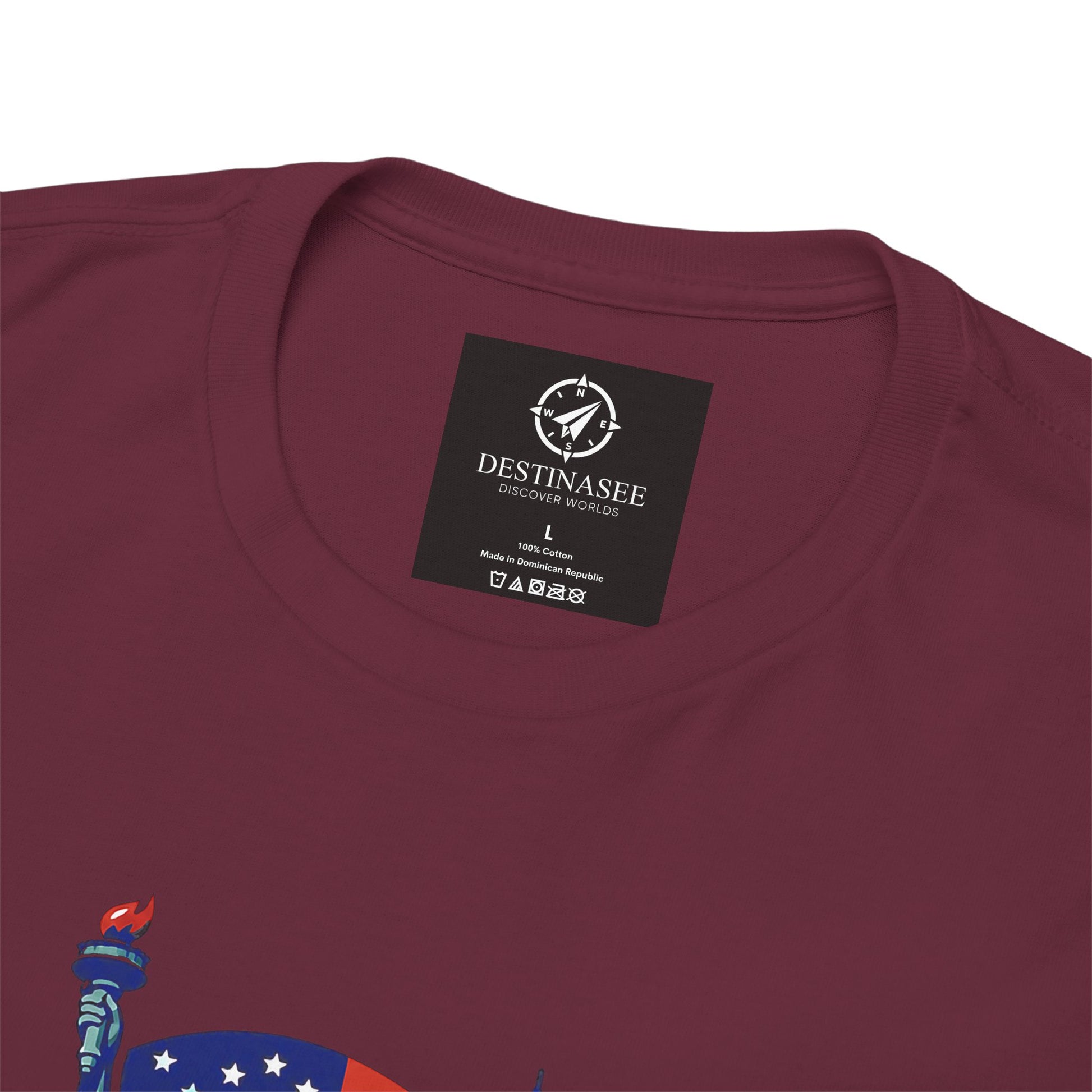 Maroon T-shirt close-up of neckline label with partial front graphic