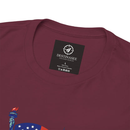 Maroon T-shirt close-up of neckline label with partial front graphic