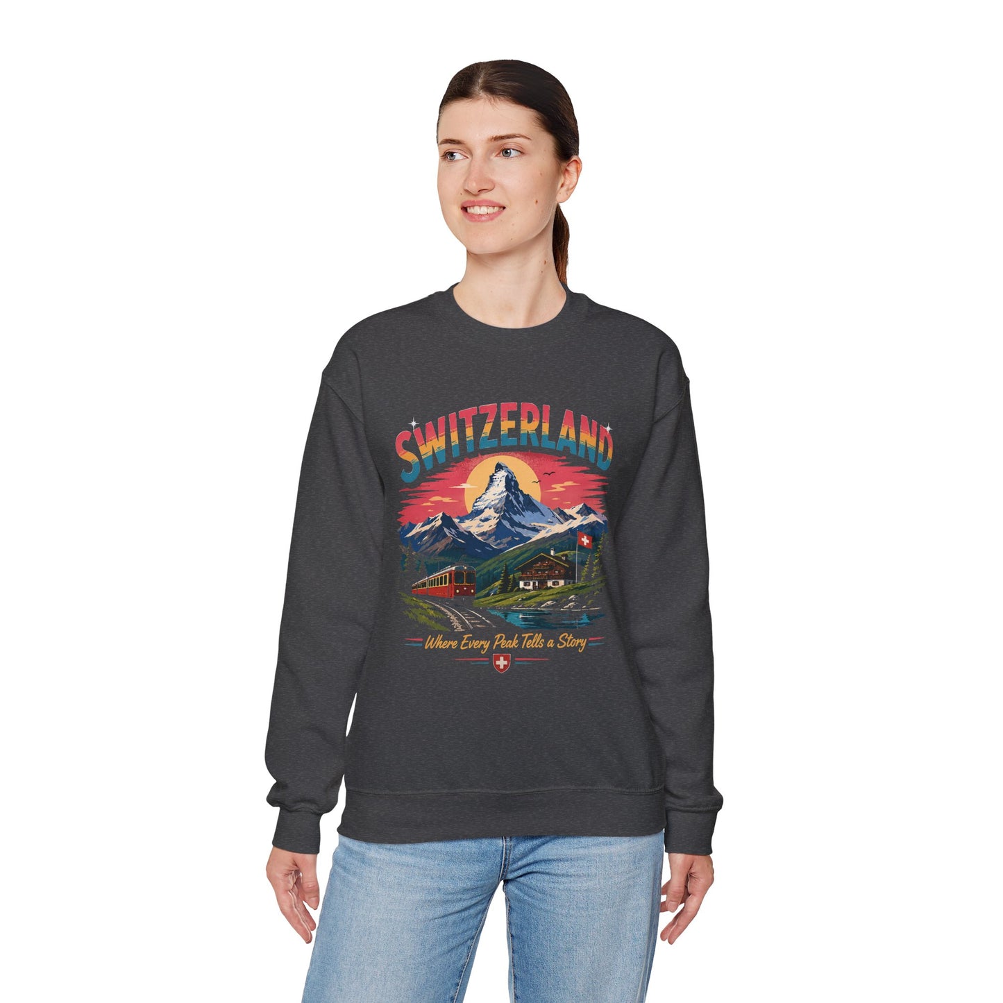 Dark heather crewneck sweatshirt with Switzerland graphic print, worn by model