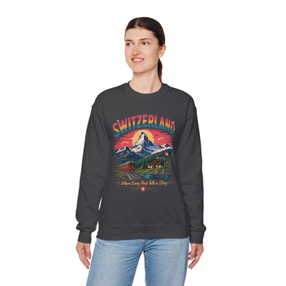 Dark heather crewneck sweatshirt with Switzerland graphic print, worn by model