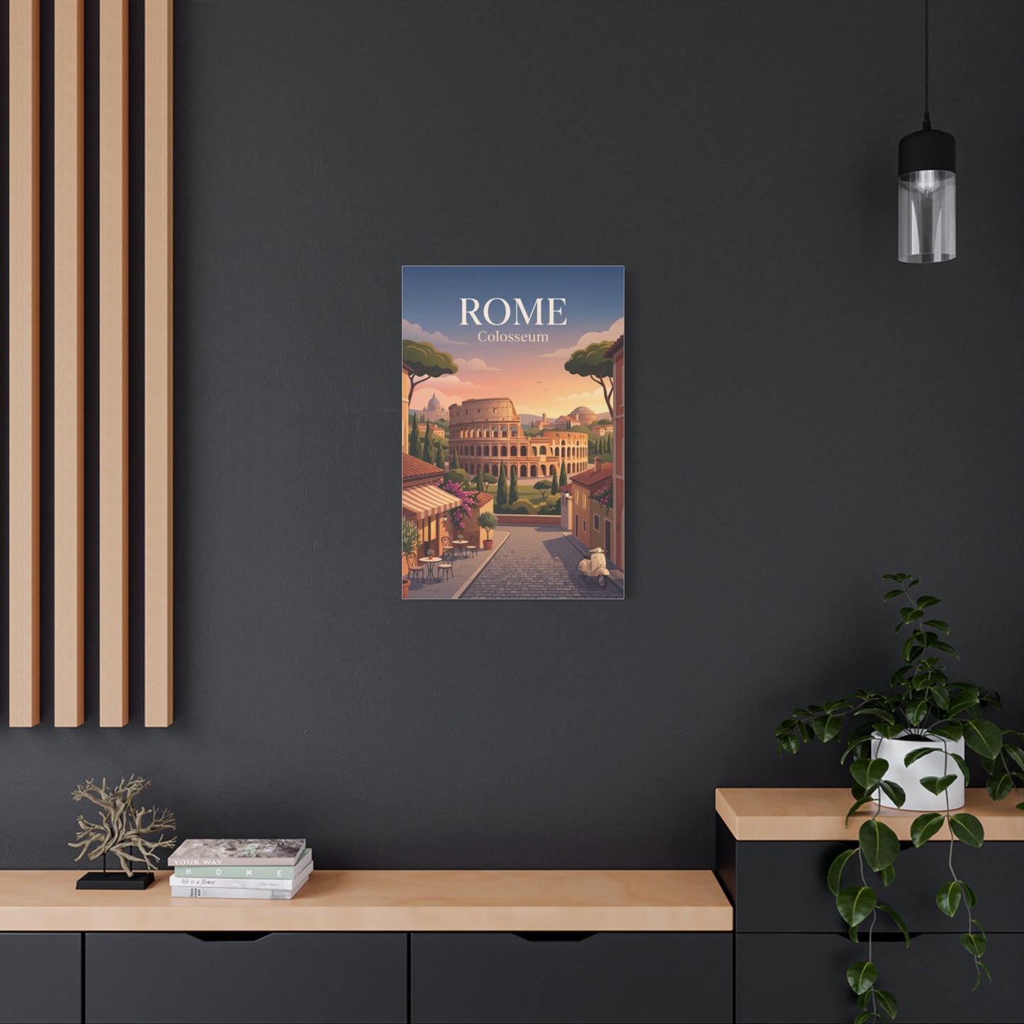 Matte canvas print featuring Colosseum in Rome with buildings, trees, and sunset sky