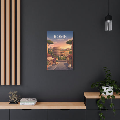 Matte canvas print featuring Colosseum in Rome with buildings, trees, and sunset sky