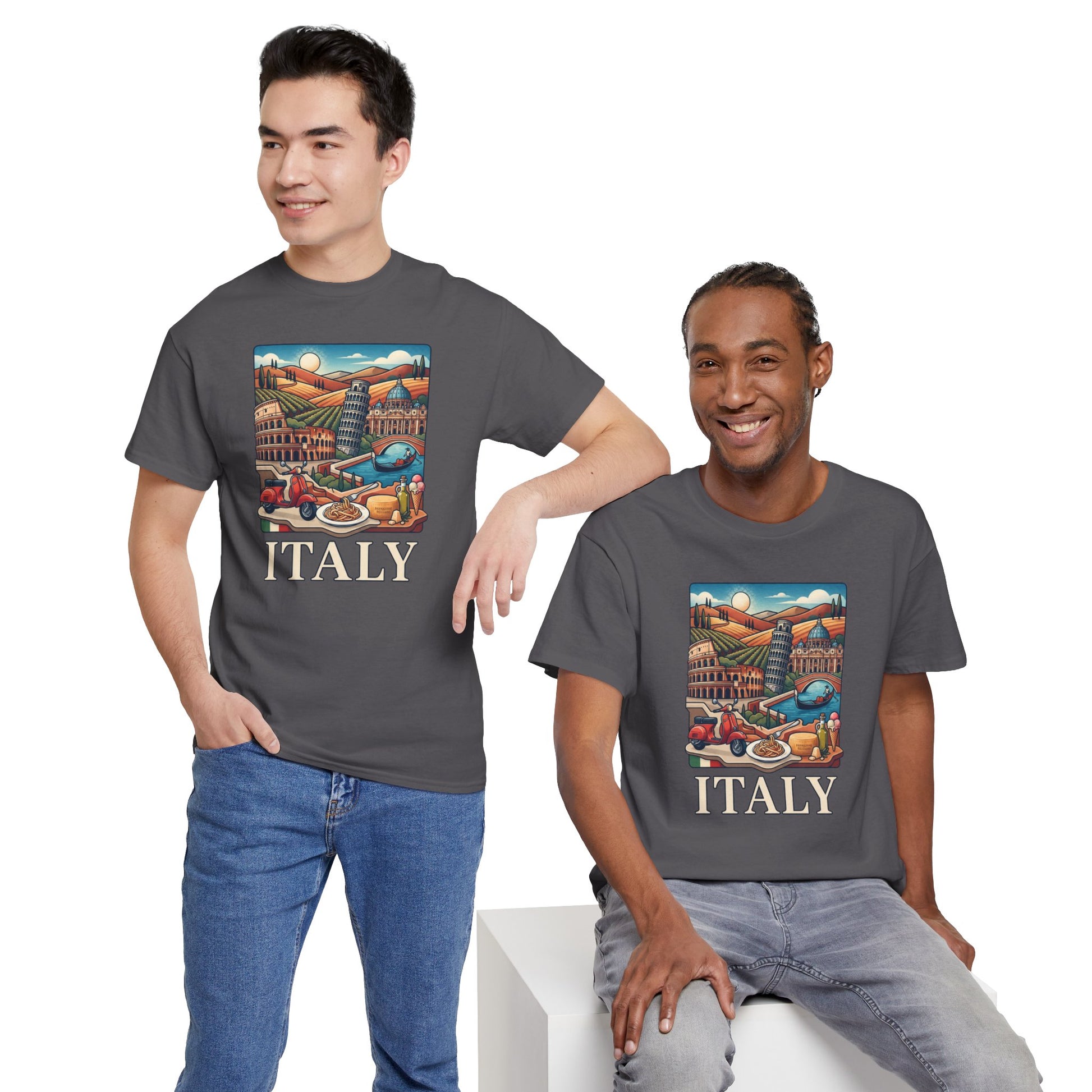 Charcoal gray T-shirt with Italy graphic, worn by two models
