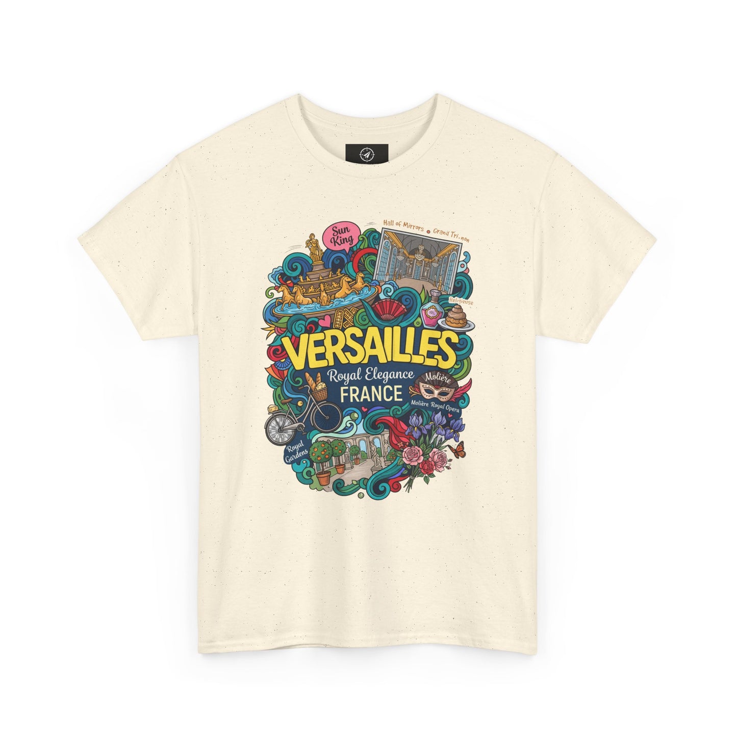 Natural beige crewneck T-shirt with colorful Versailles France graphic illustration