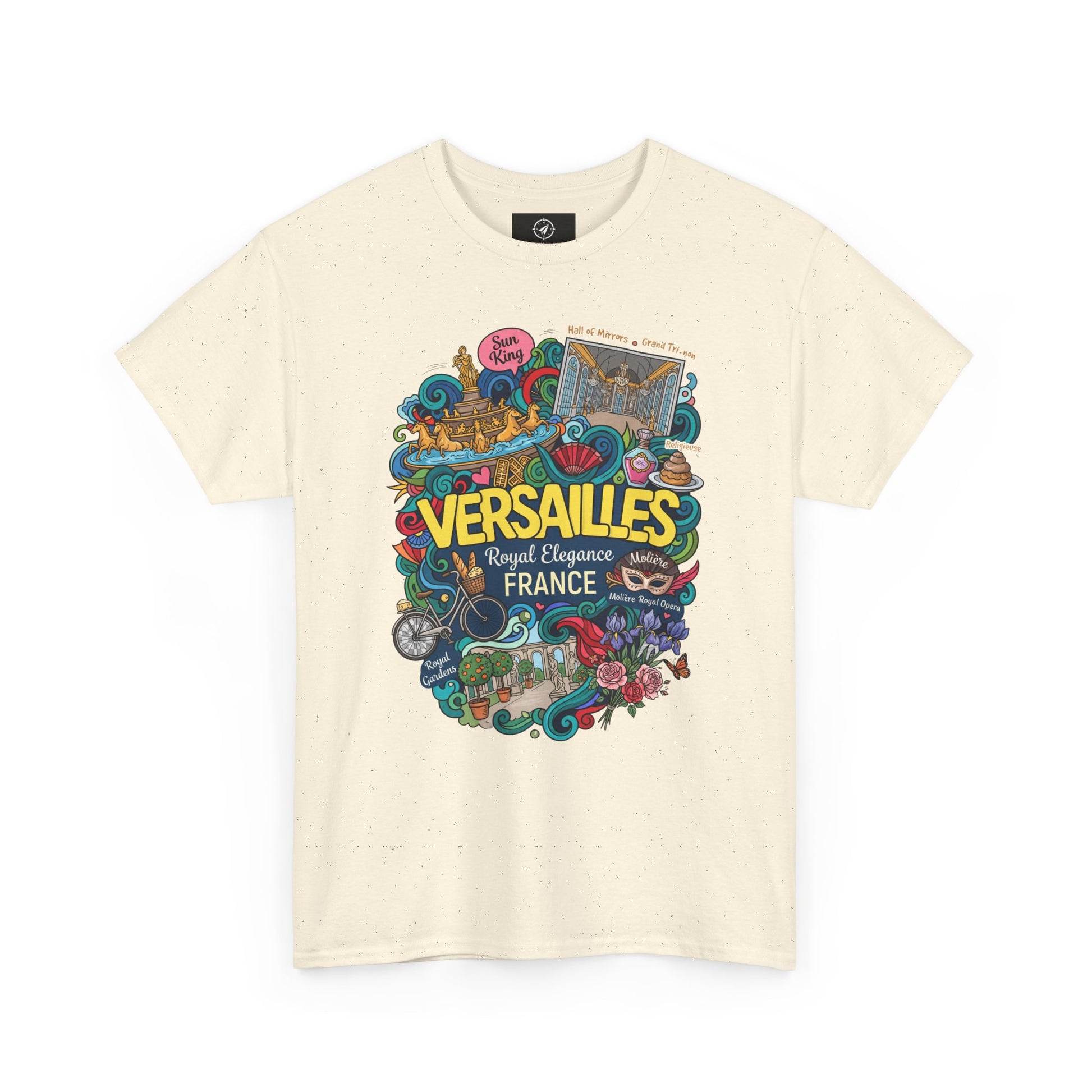 Natural beige crewneck T-shirt with colorful Versailles France graphic illustration