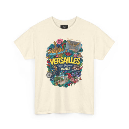 Natural beige crewneck T-shirt with colorful Versailles France graphic illustration
