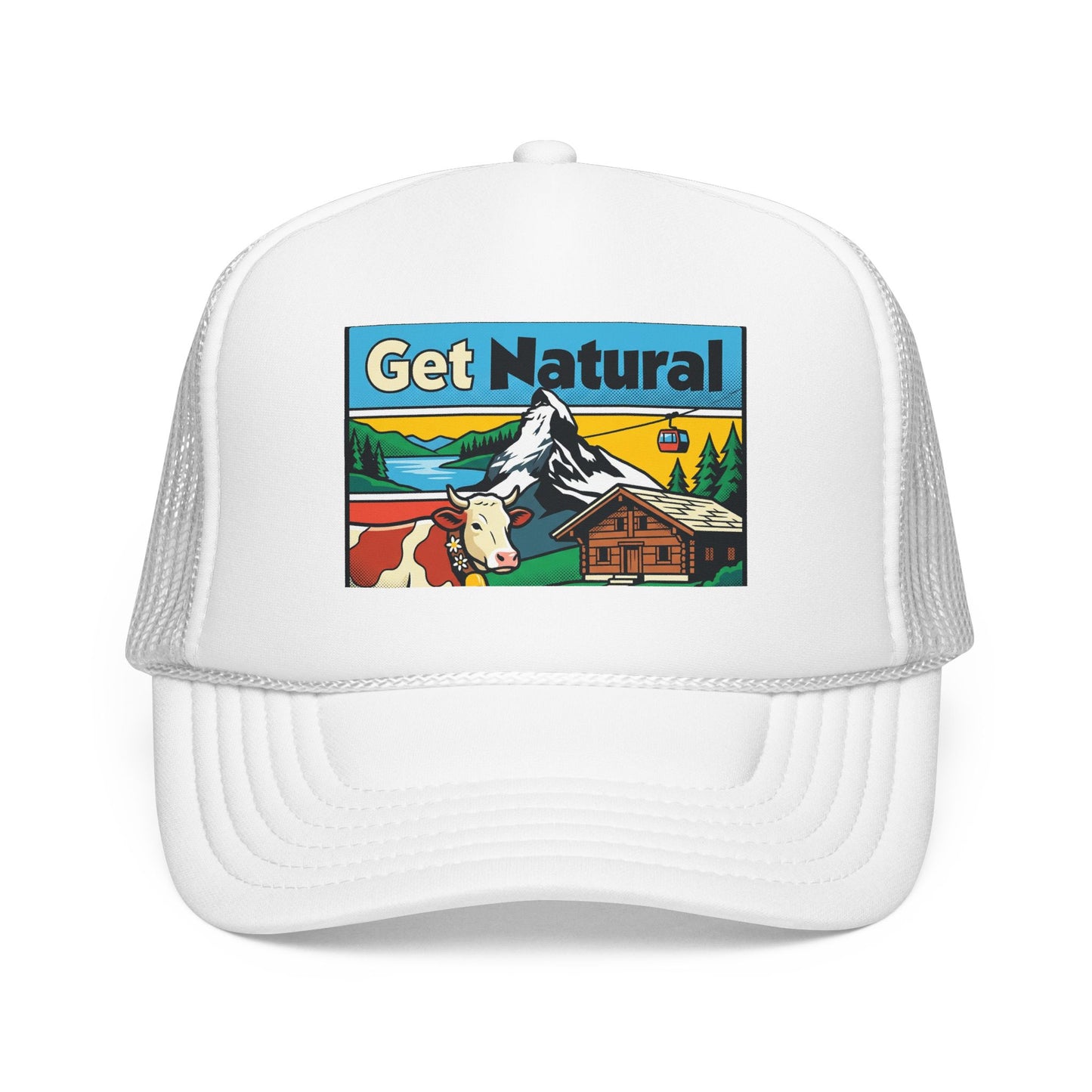 Get Natural trucker hat with Swiss landscape patch, white front and white mesh sides.