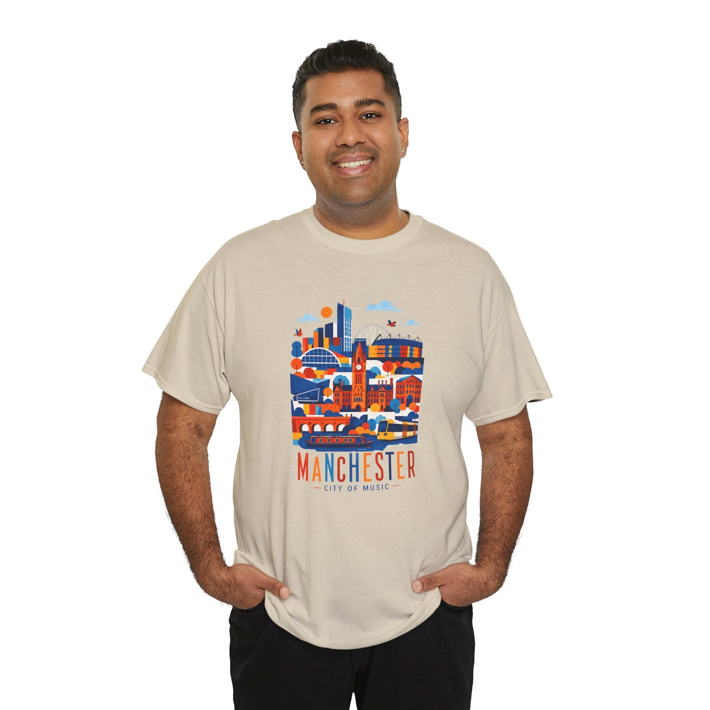 Light beige crew-neck t-shirt with colorful Manchester skyline graphic on the chest