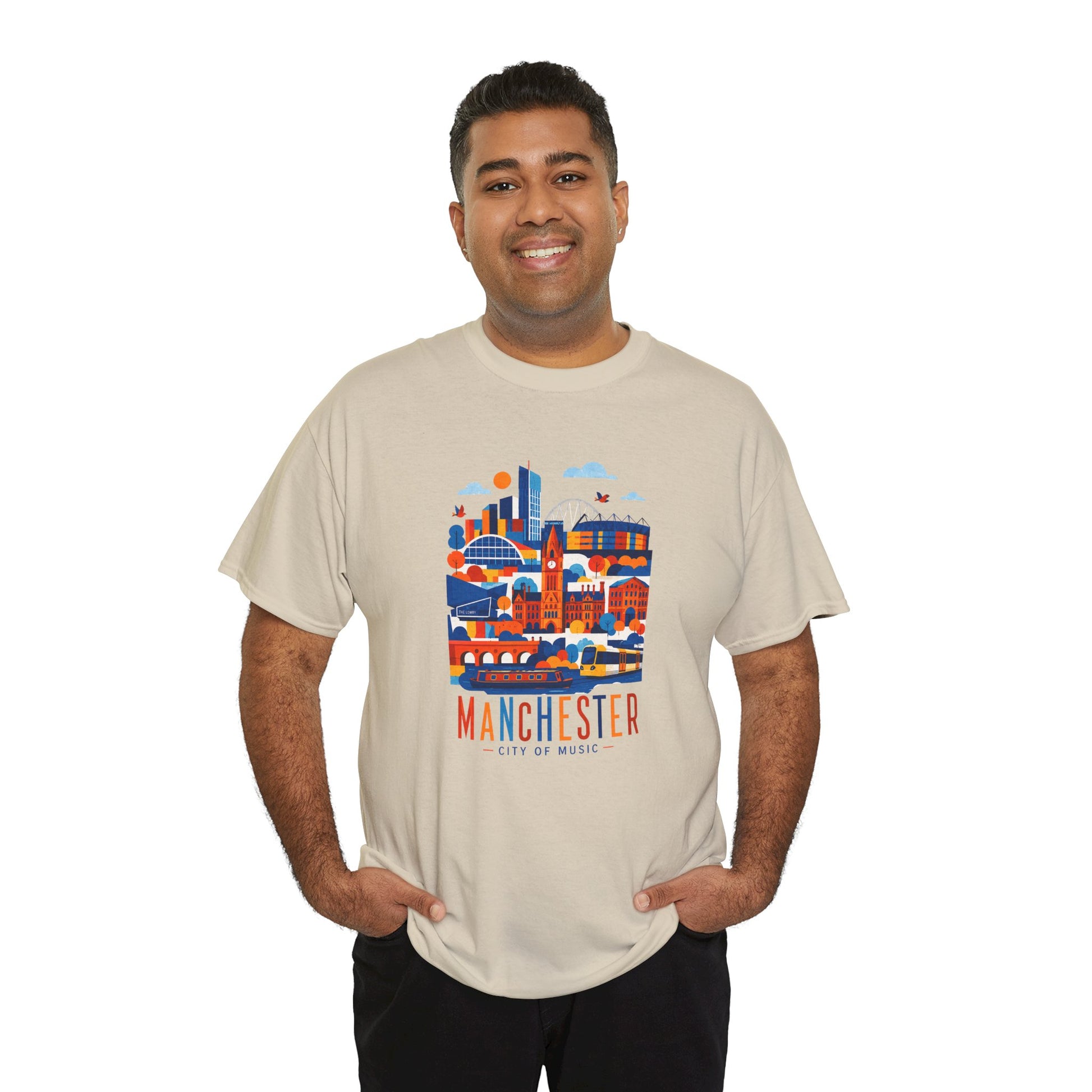 Light beige crew-neck t-shirt with colorful Manchester skyline graphic on the chest