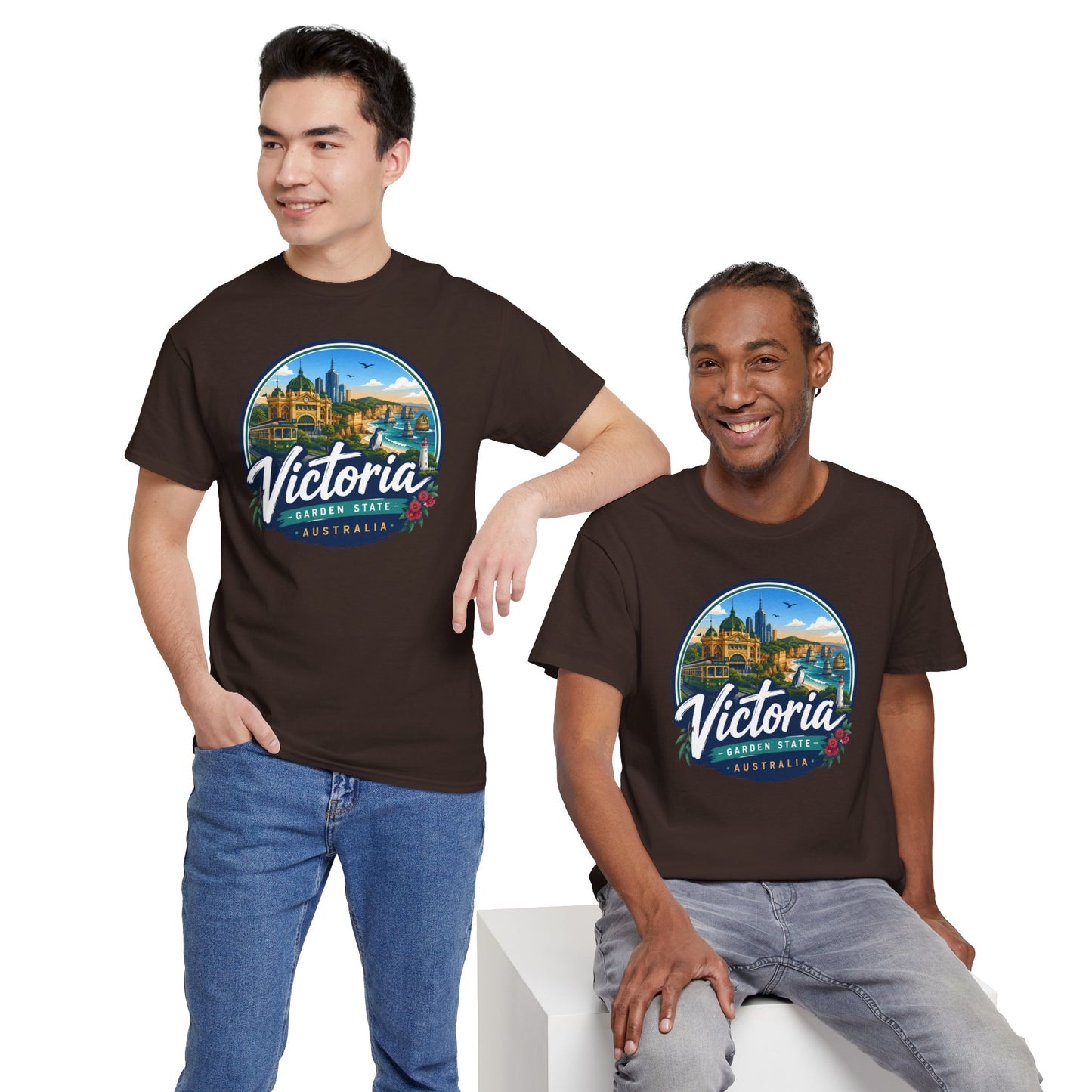 Dark brown Victoria travel tee with circular city graphic on the chest