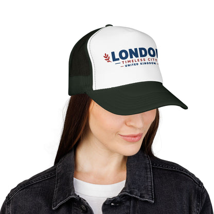Black-and-white trucker hat with white front and green mesh sides, LONDON logo