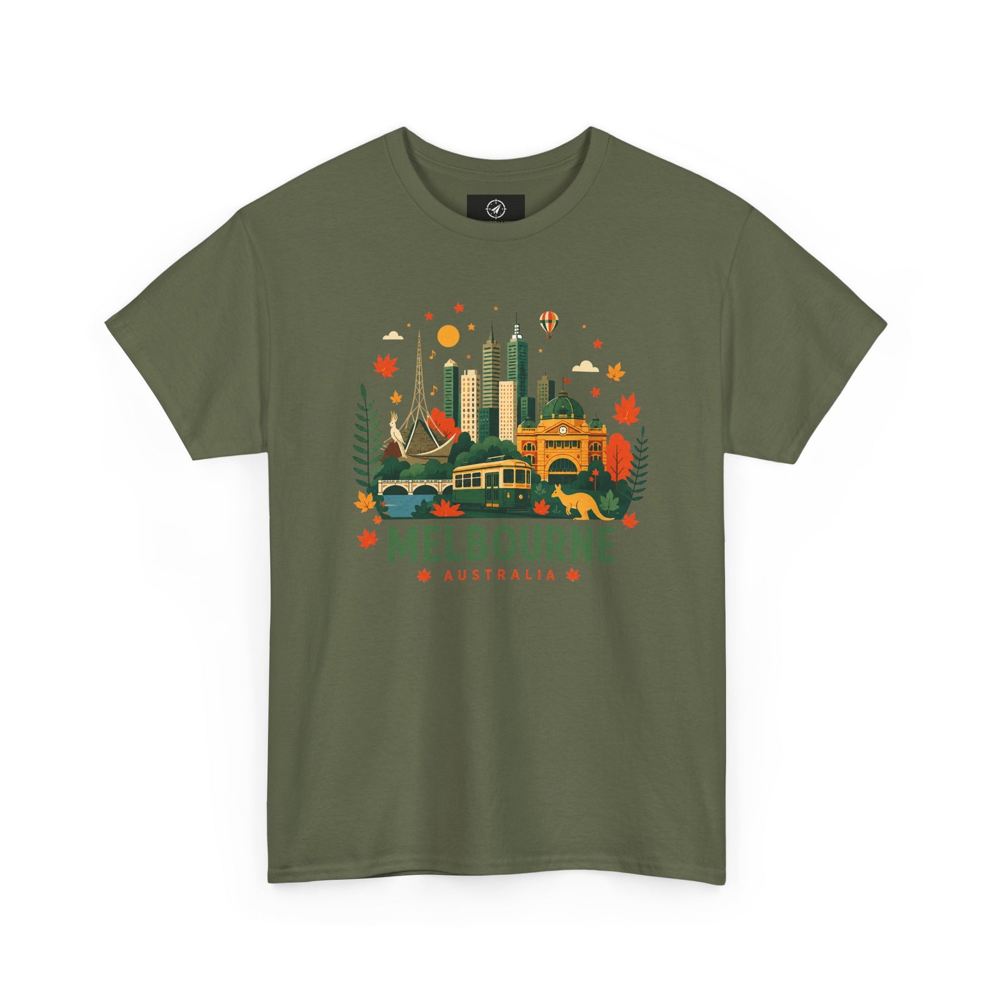 Melbourne skyline t-shirt in dark green, front graphic with city skyline and “Melbourne Australia” text