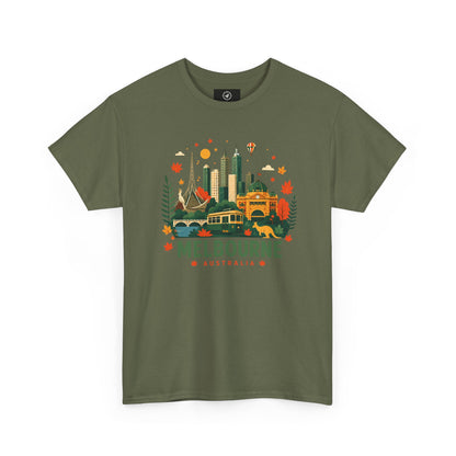 Melbourne skyline t-shirt in dark green, front graphic with city skyline and “Melbourne Australia” text