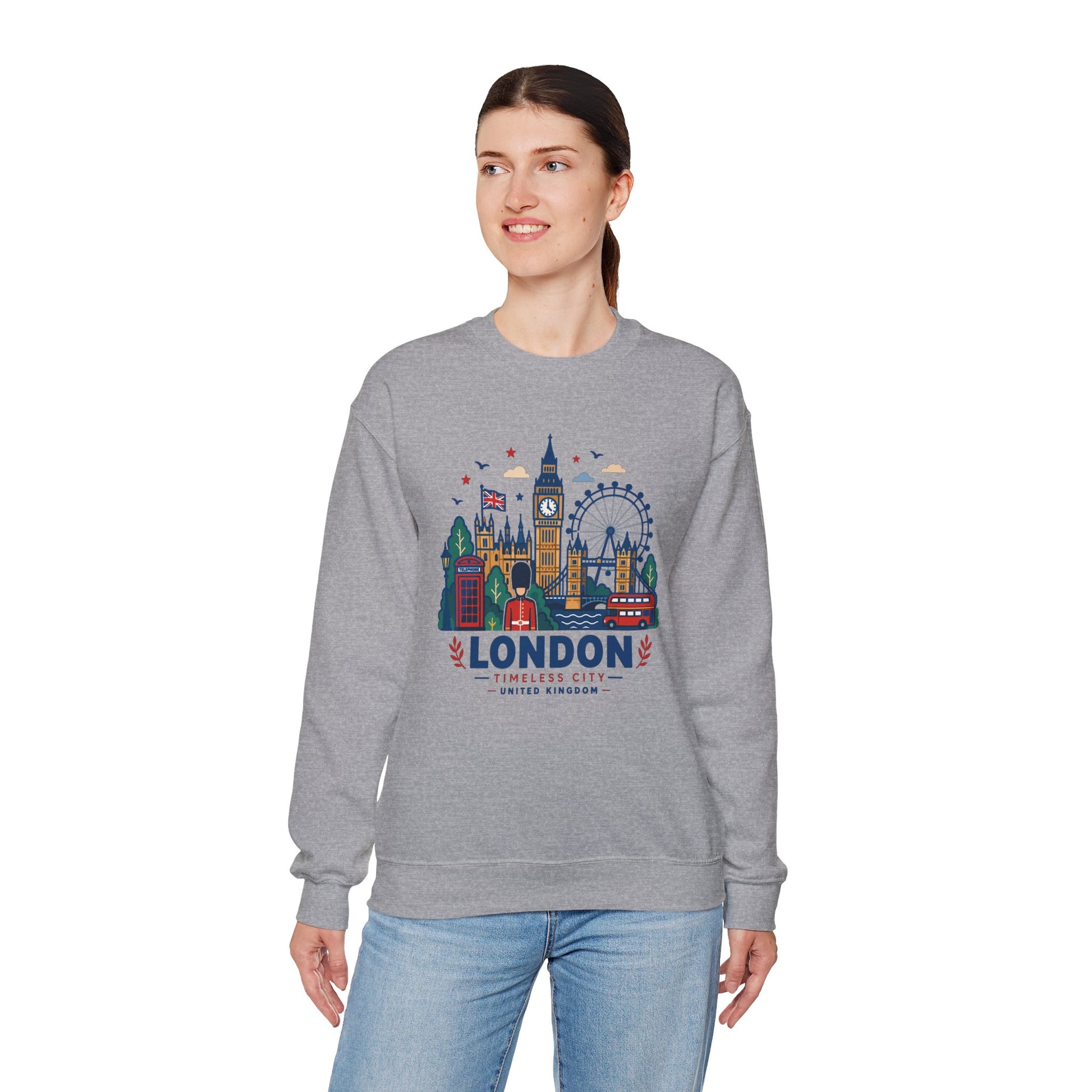 Sport grey crewneck sweatshirt with colorful London skyline graphic and logo on chest