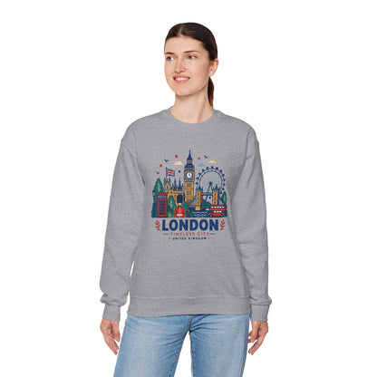 Sport grey crewneck sweatshirt with colorful London skyline graphic and logo on chest