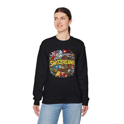 Black sweatshirt with colorful Switzerland graphic print across the chest
