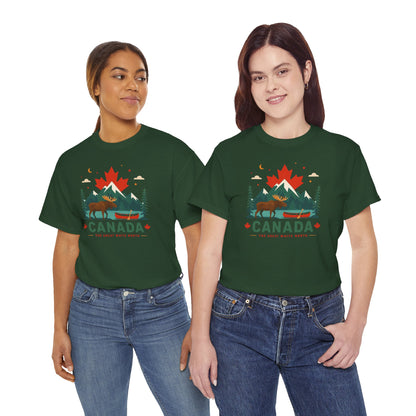 Dark green short-sleeve T-shirt with colorful maple tree graphic and Canada text
