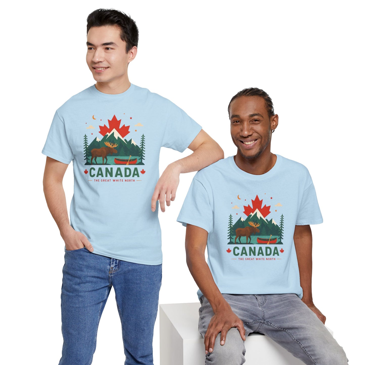 Light blue Canada camping graphic T-shirt on two models, casual crewneck fit
