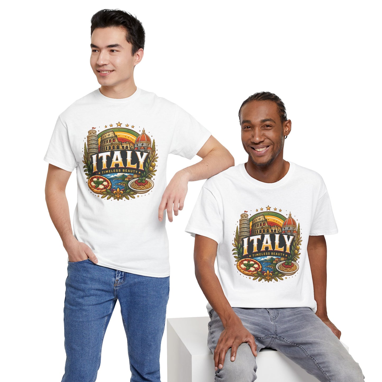 White t-shirt with vintage Italy travel emblem, worn by two men
