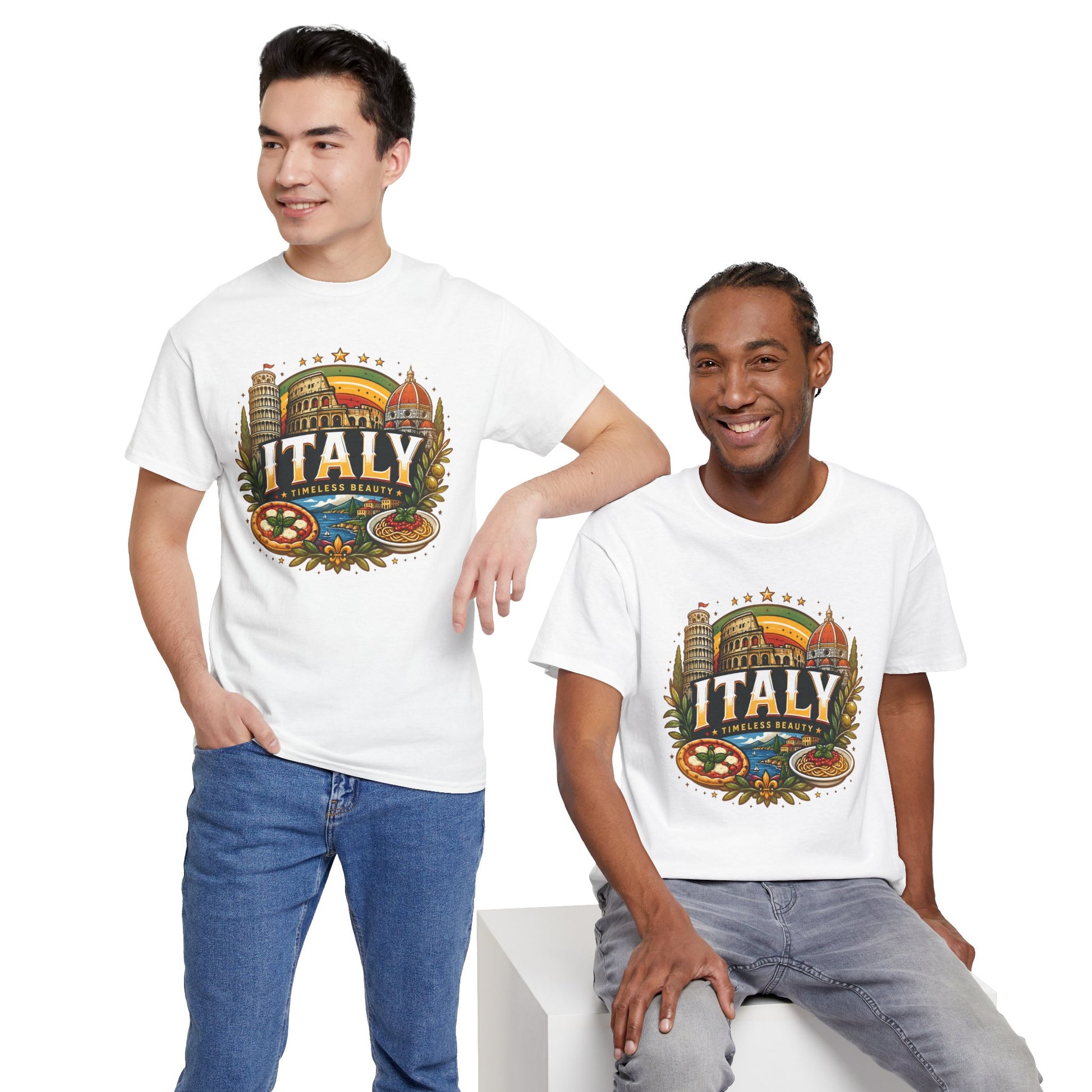 White t-shirt with vintage Italy travel emblem, worn by two men