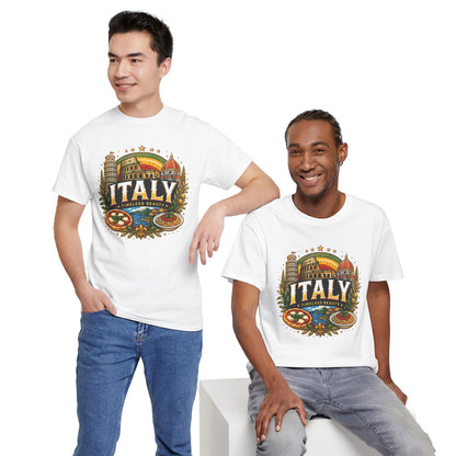 White t-shirt with vintage Italy travel emblem, worn by two men