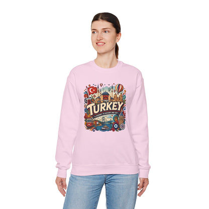 Light pink crewneck sweatshirt with colorful Turkey travel graphic on chest