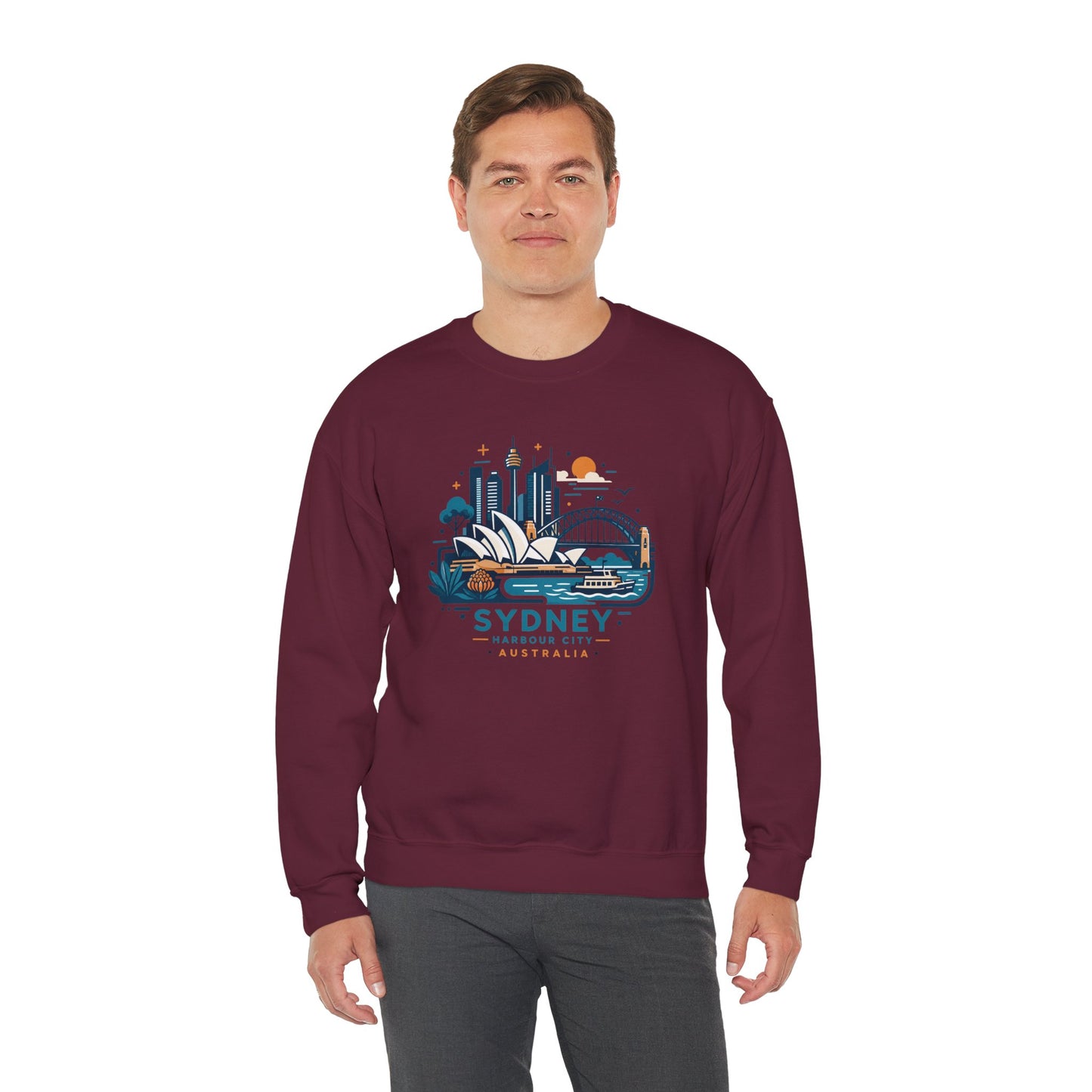 Maroon crewneck sweatshirt with front Sydney harbor graphic print