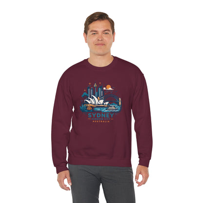 Maroon crewneck sweatshirt with front Sydney harbor graphic print
