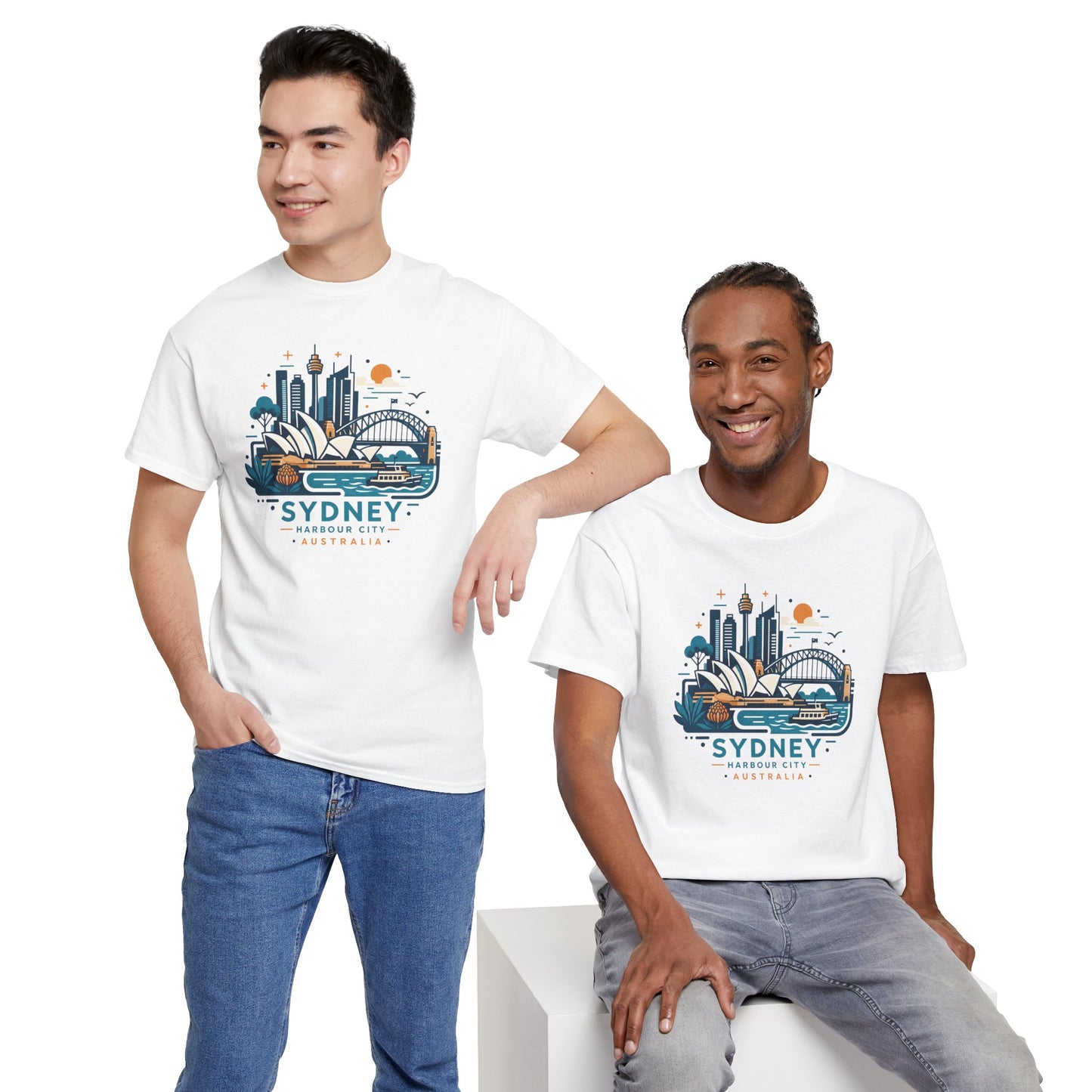White Sydney cityscape T-shirt with colorful skyline graphic, crew neck, short sleeves.