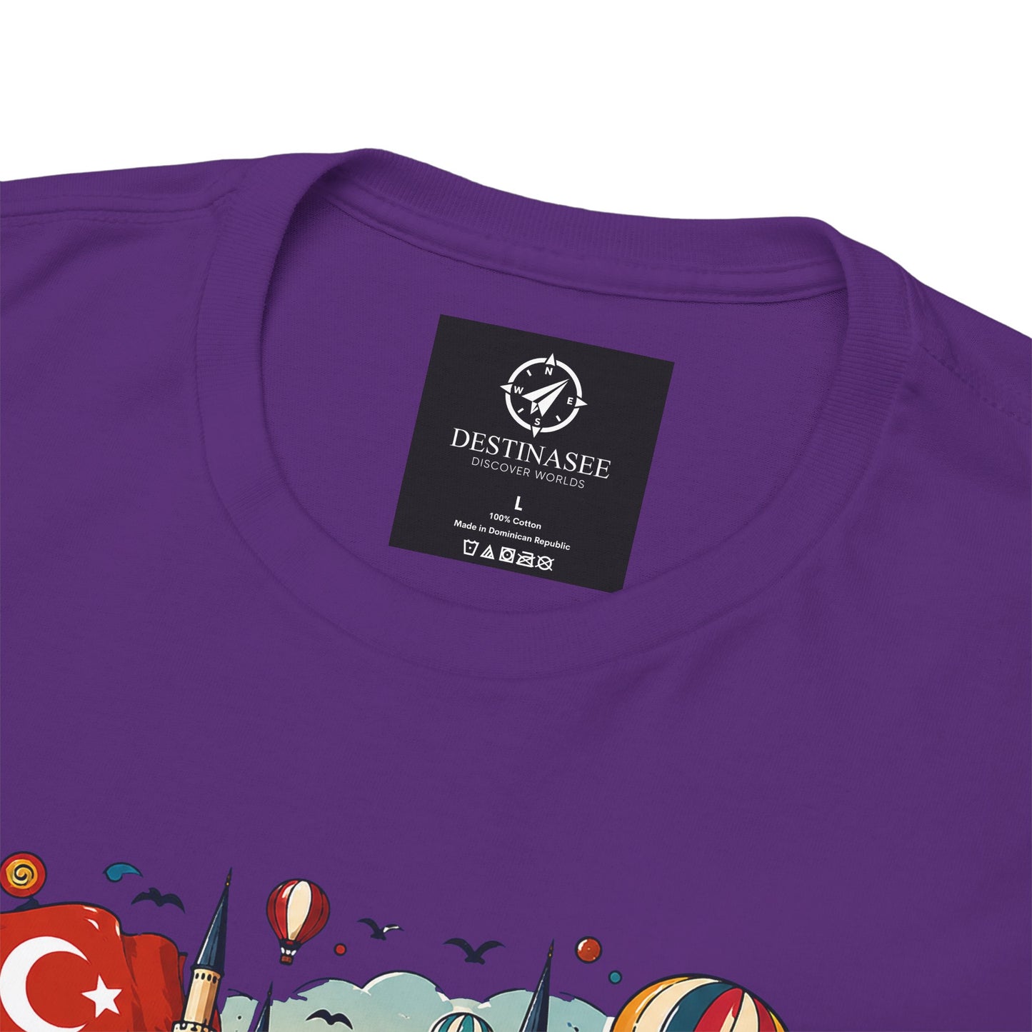 Purple graphic tee close-up of neckline brand tag and top of Turkey print