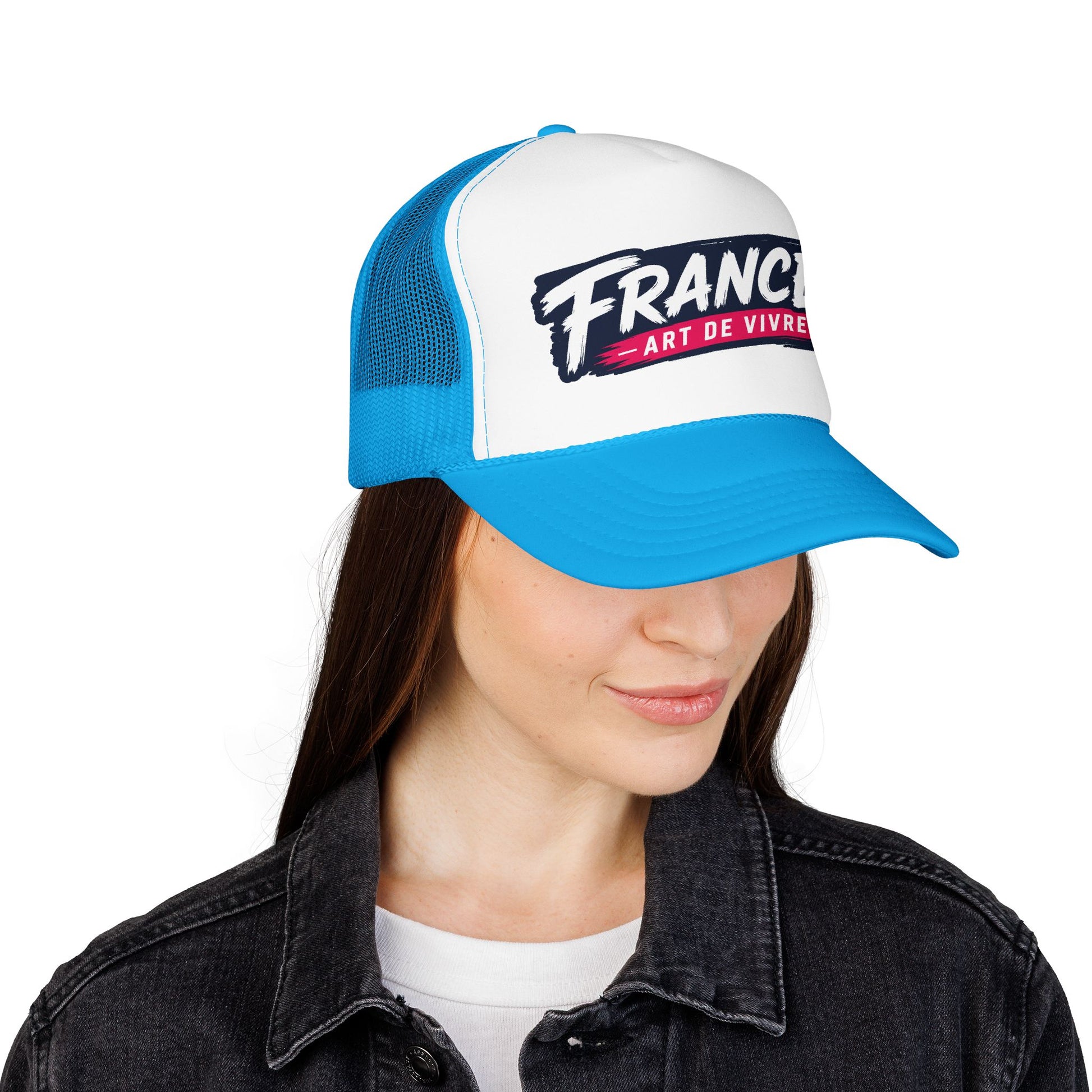 Blue and white trucker hat with mesh back and 'FRANCE Art de Vivre' front patch