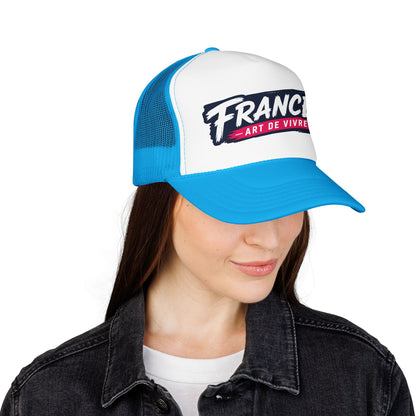 Blue and white trucker hat with mesh back and 'FRANCE Art de Vivre' front patch