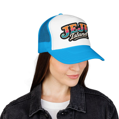 Blue and white trucker hat with “JEJU Island” logo on front panel, curved brim
