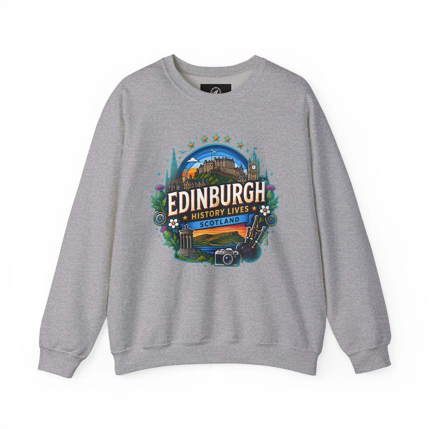 Light gray crewneck sweatshirt with front “Edinburgh” graphic print