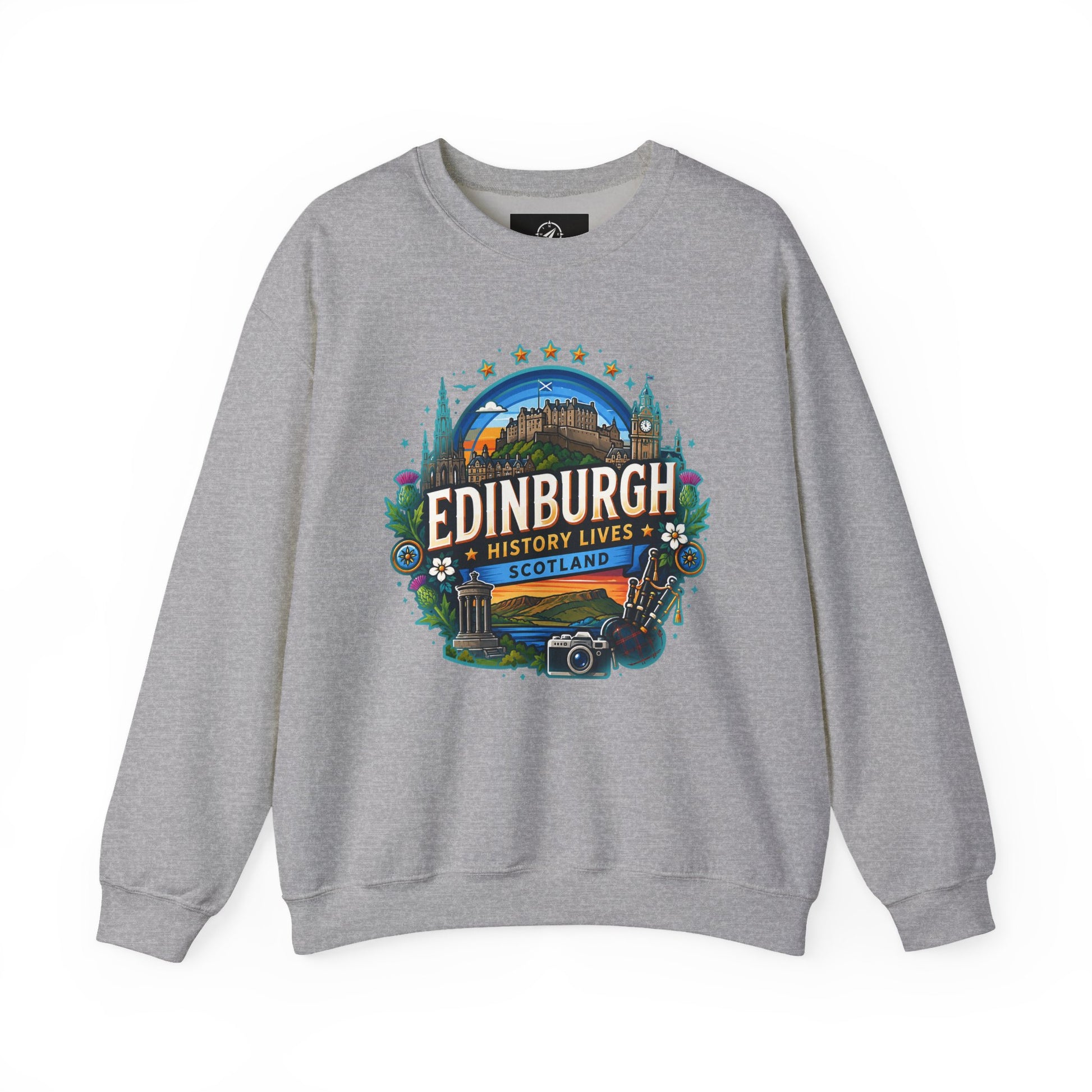 Light gray crewneck sweatshirt with front “Edinburgh” graphic print